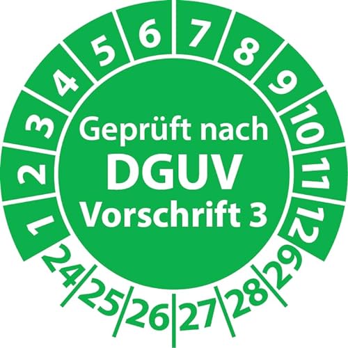 Prüfplaketten Geprüft nach DGUV Vorschrift 3, Vinylfolie, Prüfaufkleber, Prüfetiketten, Plaketten DGUV V3 (35 mm Ø, Grün, 100) von Fast-Label