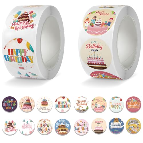2 Rollen 1000 Stück Happy Birthday Aufkleber, 16 Designs 2,5 cm runde Geburtstags-Siegelaufkleber, selbstklebende süße Happy Birthday-Etiketten für Geschenktüten, Umschläge, Versiegelung von von Fatiya