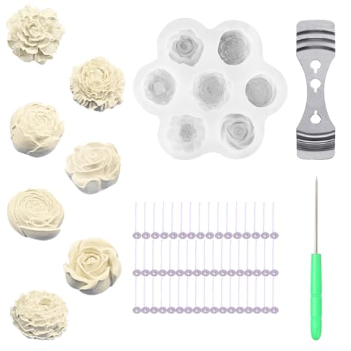 Fatiya 53 Stück Silikon Kerzenform Set, 7 Mulden Blumenwachsformen Kit mit Dochten, Zentriervorrichtung & Ahle, 3D Kerzenmodell für Seifenherstellung Epoxidharz Gießen Kuchen Fondant Dekoration von Fatiya