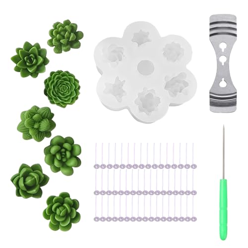 Fatiya 53 Stück Silikon Kerzenform Set, 7 Mulden Sukkulenten Wachsformen Kit mit Dochten, Zentriervorrichtung & Ahle, 3D Kerzenmodell für Seifenherstellung Epoxidharz Casting Kuchen Fondant Dekoration von Fatiya