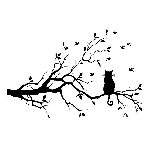 Wandaufkleber mit Baum und Ast, Blätter mit Katze, Vinyl, Vogel-Wanddekoration, Wandaufkleber, Aufkleber für Zuhause, Schlafzimmer, Wohnzimmer, Kindergarten, Kinderzimmer, Dekoration (Katze) von Faumsut