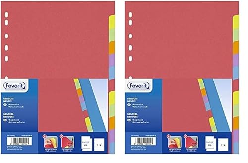 Favorit 100204882 Universal-Register für Ringbücher mit 12 farbigen neutralen Einlagen, personalisierbar, Innenformat A4, 225 g/m² (Packung mit 2) von Favorit