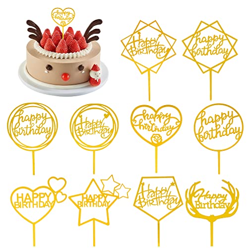 10 Stück Goldenes Happy Birthday Cake Tortendeko, Acryl Glitter Cake Topper Kit Deko, Herze/Sternen/Rund/Quadratisch Personalisierte Deko für Mädchen, Geburtstag Party, Hochzeit von Favson