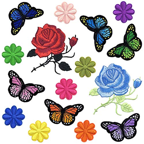 Embroidered Patches, 16 Pack Iron-On or Sew-On DIY Patches, Butterfly Sun Flower Applique Patches, for Men, Women, Boys, Girls, Children, jeans, bags, decoration. von Favson