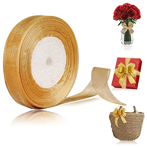 Gold Schimmerndes Organzaband Geschenkband, 20mmx 45Meters Geschenkband Gold Satinband, Chiffon-Stoffbänder für Blumensträuße, Weihnachten, Geschenkverpackungen, Haare von Favson