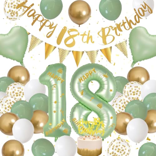 18. Geburtstag Mädchen Deko, Grün Weiß Gold Dekorationen 18 Geburtstag Ballons Happy Birthday Banner Girlande Konfetti Luftballon Frauen Mädchen Junge 18 Party Deko Supplies 18. Geburtstag Mädchen Deko, Grün Weiß Gold Dekorationen 18 Geburtstag Ballons Happy Birthday Banner Girlande Konfetti Luftballon Frauen Mädchen Junge 18 Party Deko Supplies von Fawncierge