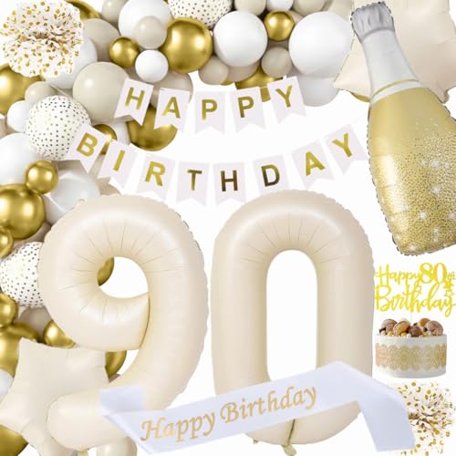 90 Geburtstag Deko Mann, Beige Weiß Gold Dekorationen Set 90th Ballons Happy Birthday Banner Girlande Konfetti Luftballon 90. Frauen Männer 90 Geburtstag Party Deko Supplies von Fawncierge
