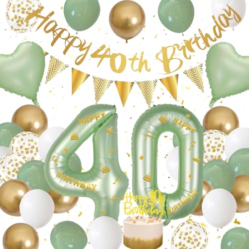 Deko 40 Geburtstag Mann, Grün Weiß Gold Dekorationen Set 40th Ballons Happy Birthday Banner Girlande Konfetti Luftballon 40er Frauen Männer 40. Geburtstag Party Deko Supplies von Fawncierge