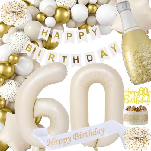 Deko 60 Geburtstag Mann, Beige Weiß Gold Dekorationen Set 60th Ballons Happy Birthday Banner Girlande Konfetti Luftballon 60.ter Frauen Männer 60. Geburtstag Party Deko Supplies von Fawncierge