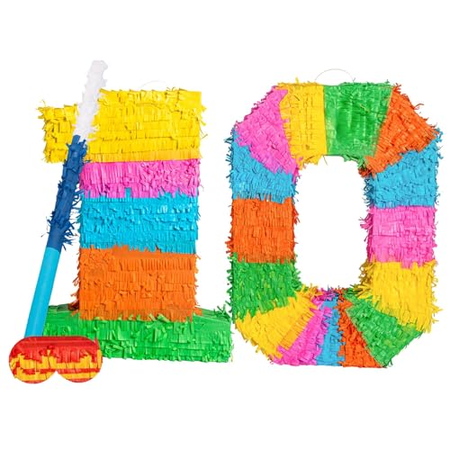 Fax Potato 10. Geburtstag-Piñata-Set mit Stab und Augenbinde - Blauer Stick - Mexikaner Kinder Mädchen Jungen Geburtstagsfeier Parteien Spiele Dekorationen Bausatz von Fax Potato
