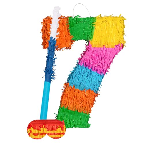 Fax Potato Nummer 7-Piñata-Set mit Stab und Augenbinde - Blauer Stick - Mexikaner Kinder Mädchen Jungen Geburtstagsfeier Parteien Spiele Dekorationen Bausatz von Fax Potato