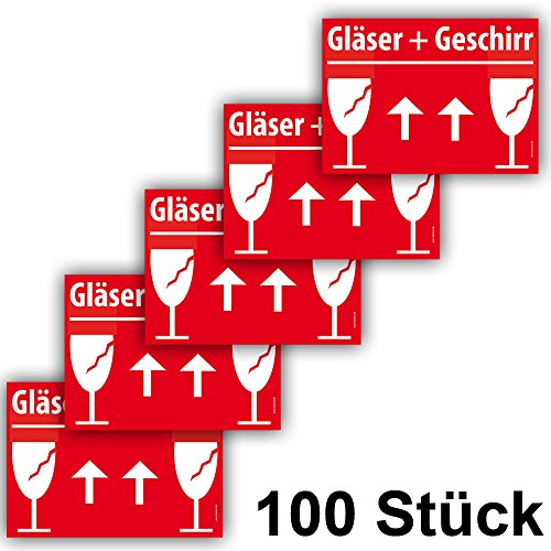 100x VORSICHT GLAS Umzugetiketten Aufkleber, A6 15x10cm, Rot, Sicherheitsetikett als Warnhinweis selbstklebend, 100 Stück von Faxland