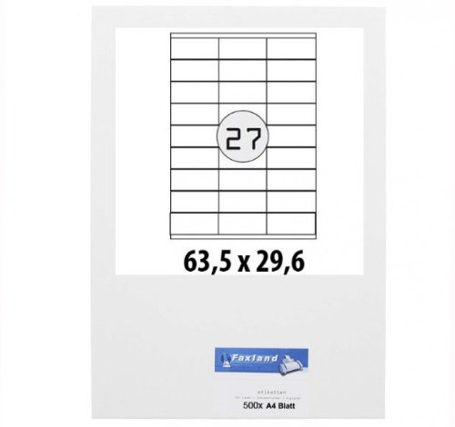500x A4 Bögen Etiketten 63.5 x 29.6 mm für Amazon FBA Versand, 27x je Blatt, 63x29 weiße selbstklebende Faxland Versandetiketten von Faxland