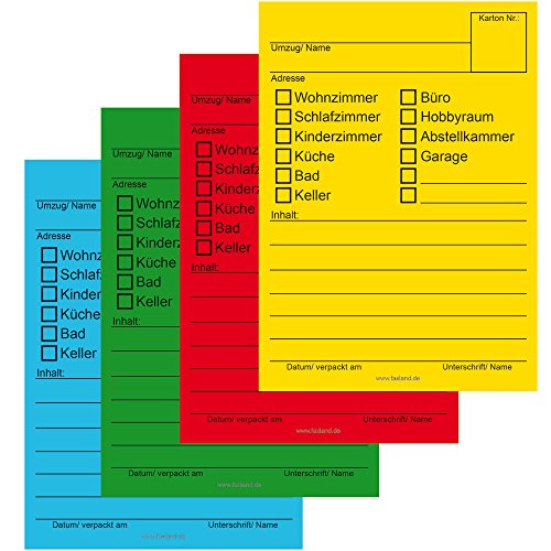 80x Umzugetiketten, 4 Farben, Aufkleber Beschriftung mit Etiketten vom Umzugskarton für den Überblick beim Umzug von Faxland