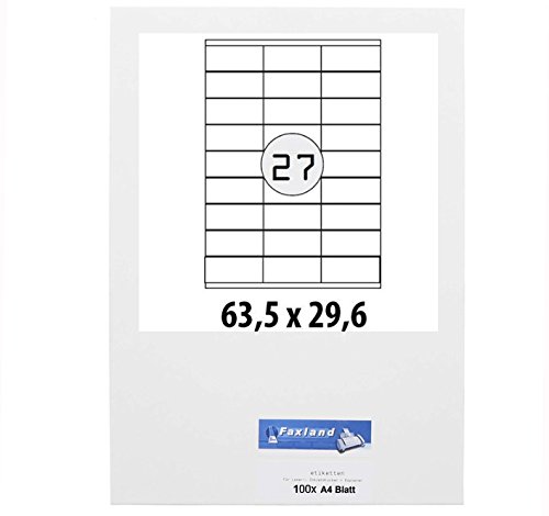 Etiketten 63.5 x 29.6 mm für Amazon FBA Versand, 27x je Blatt (100 A4 Blätter) - 63x29 weiße selbstklebende Faxland Versandetiketten von Faxland