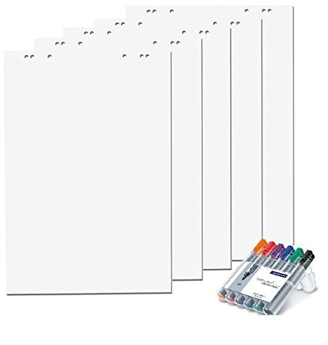 Faxland - Blätter für Flipchart, 20 Seiten, 69 x 99 cm, 5 Pakete, 6 Löcher, Weiß 5 Flipchartblöcke + 6er Marker weiß von Faxland