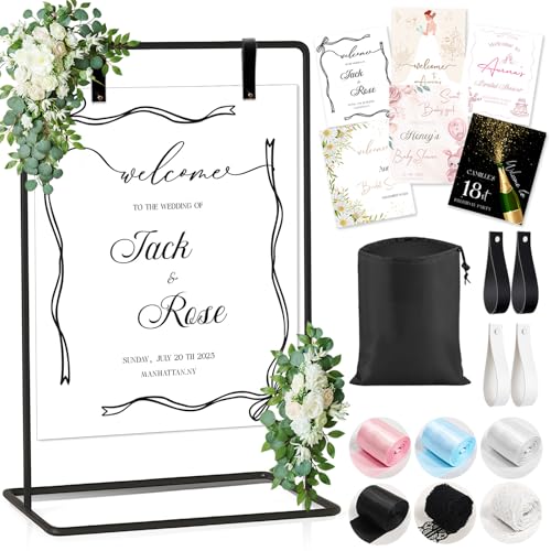 Fayavoo Hochzeitsschild-Halter, "Welcome to Our Wedding Sign Display"-Ständer mit Leder- und Satin-Hängeriemen, verstellbare schwarze Staffelei für Baby- und Brautpartys, Geburtstag, Abschlussschild Fayavoo Hochzeitsschild-Halter, "Welcome to Our Wedding Sign Display"-Ständer mit Leder- und Satin-Hängeriemen, verstellbare schwarze Staffelei für Baby- und Brautpartys, Geburtstag, Abschlussschild von Fayavoo