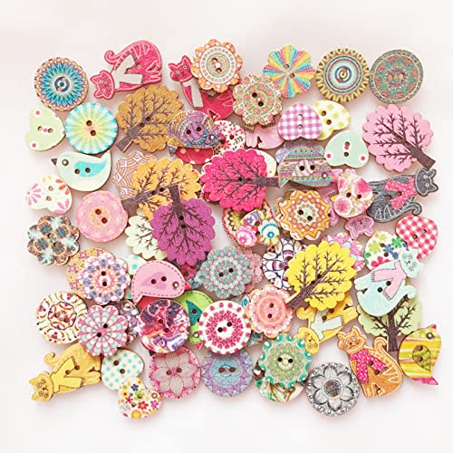 100 Stück Knöpfe Tiere Holzknöpfe, Bunt Kleine Knöpfe, Bastelknöpfe Puppenknöpfe für Scrapbooking und Nähen, Malerei, DIY Handgefertigte Verzierung (1,5-3,4 cm) von Fayemint