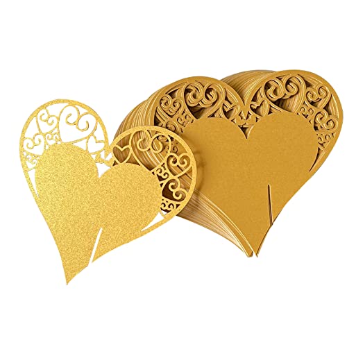 Fayemint 50 Stück Platzkarten Schimmer, Tischkarten Love Heart, Glasanhänger Platzkarten, für Hochzeitsfeiern, Weinglasdekoration, Sektglasdekoration (Gold) von Fayemint