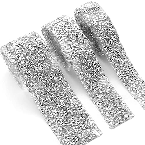 3 Rolls Crystal Rhinestone Ribbon, 1 Yards Self-Adhesive Crystal Rhinestone Diamond Ribbon, DIY Decoration Stickers, für Hochzeitstorte, Geburtstag, Basteldekorationen(3 Sizes, Silber Weiss) von Fayemint