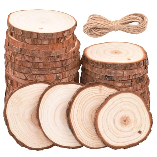 Natürliche Holzscheiben 30PCS 6-7cm unfertige Holzspäne mit natürlicher Juteschnur für DIY Handwerk Weihnachtsdekoration Hochzeit Dekoration von Fayvosiue