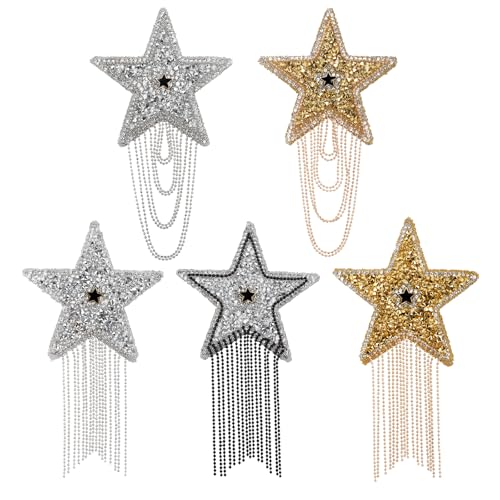 Glänzende Strass-Stern-Aufnäher mit Quaste, zum Aufbügeln oder Aufnähen, glitzernde fünfzackige Sternapplikationen für DIY-Kleidung, Jeans, Hüte, Taschen, Zubehör, 5 Stück von Fbrtsba