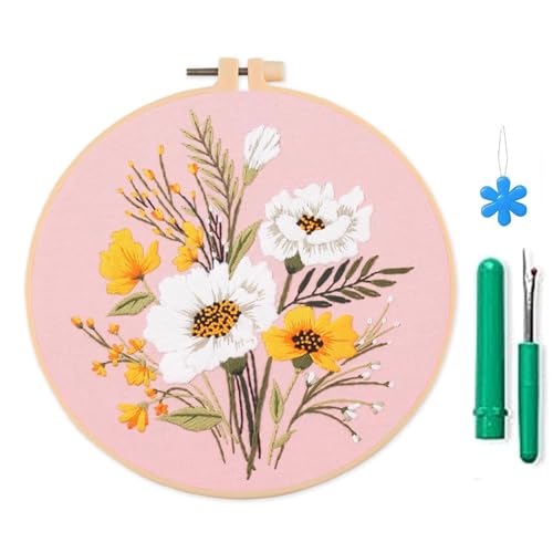 Fcnjsao Stickerei-Starter-Set mit Muster und Anleitung (evtl. nicht in deutscher Sprache), Stich-Set, Blumenpflanze, geprägt, Stickrahmen, Handarbeit von Fcnjsao
