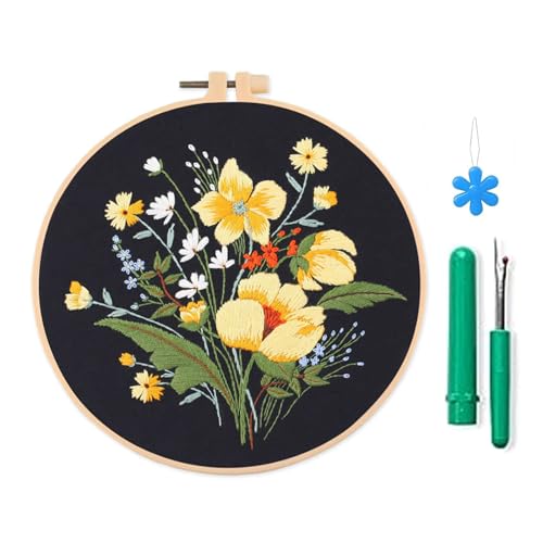 Fcnjsao Stickerei-Starter-Set mit Muster und Anleitung (evtl. nicht in deutscher Sprache), Stich-Set, Blumenpflanze, geprägt, Stickrahmen, Handarbeit von Fcnjsao