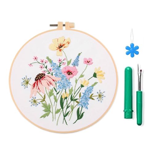 Fcnjsao Stickerei-Starter-Set mit Muster und Anleitung (evtl. nicht in deutscher Sprache), Stich-Set, Blumenpflanze, geprägt, Stickrahmen, Handarbeit von Fcnjsao