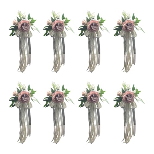 Fcnjsao Stuhlrückenverzierung mit künstlichen Blumen und Bändern, einfach zu installieren, Kirchendekoration, Hochzeitszubehör, 6 Stück von Fcnjsao