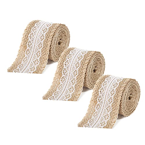 Fcslvy Juteband mit Spitze Spitzenband,3 Rolle 1 Meter Juteband mit Spitze Weiß, Vintage Spitzenband Jute Band, für DIY Handwerk Weihnachten Deko Hochzeit Party Dekoration Wohnkultur von Fcslvy