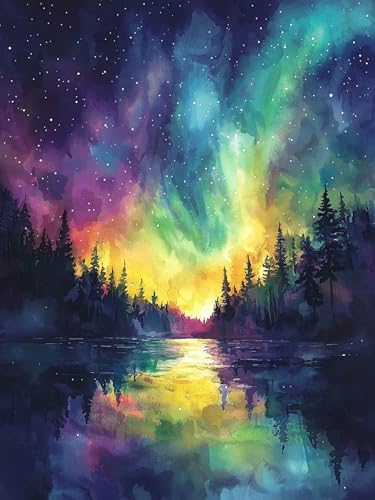 Diamond Painting Aurora, 5D Diamond Painting Erwachsene Zubehör, DIY Diamantmalerei für Anfänger Set, Runder Vollbohrer Diamanten Malerei Sternenhimmel Geschenke Frauen Home Wand Dekor 45x60cm JZ-240 von Fcunjuun