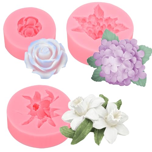 3 Stück 3D Silikonform Blumen, Gießformen Silikon Rose Pfingstrose Silikonformen Kerzen Formen Silikon Blumen Gießformen für Seife, Kerzen, Kuchen Dekoration Schokolade Handgemachte SüßIgkeit von FdcLixuvol