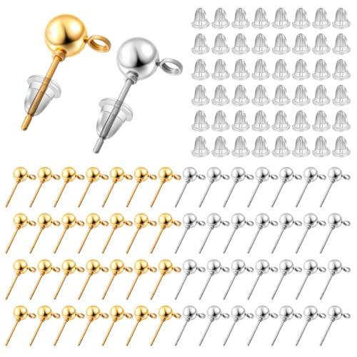 120 Stück Kugel-Ohrstecker mit Schlaufe zur Schmuckherstellung, runde Kugel-Ohrringpfosten mit 200 transparenten Ohrringverschlüssen für DIY-Schmuckherstellung (Silber, Gold) von FdcZeyxior