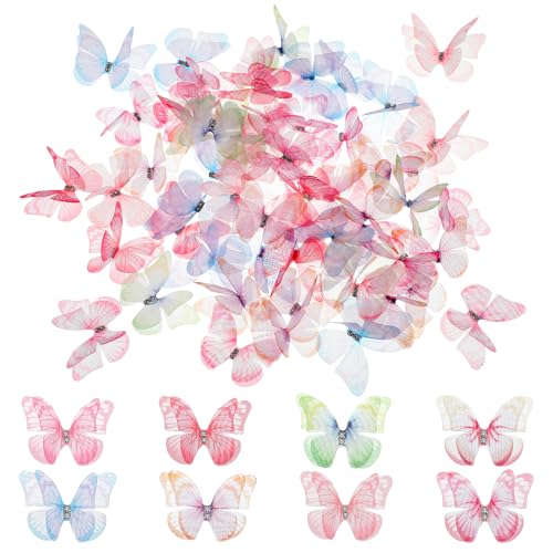 60 Stück 3D Schmetterlinge Organza, Stoff Schmetterling 3D Schmetterlinge Deko Für Wanddekoration, Kleidung Applikationen, Haarspangen, DIY Dekoration von FdcZeyxior