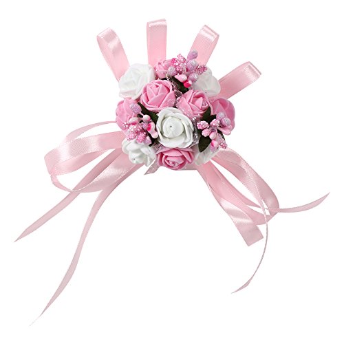 2er Hochzeit Braut Brautjungfer Blumenstrauß Gierland Handgelenk Frauen Mädchen Corsage Party Prom Dance Hand Handgelenk Blume Strauß Dekoration(# 3 Rose + Blanc) von Fdit