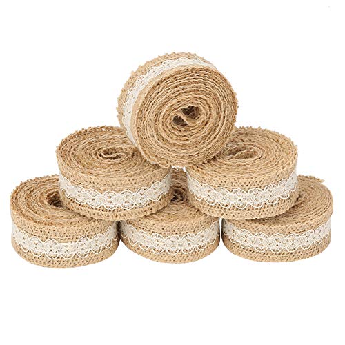 6pcs 2m Roll -Sackleinenband mit Weißer Spitze - Hessian Jute Ribbon für Hochzeitsdekor, Rustikaler Tischläufer, Partyhandwerk, Heimdekoration von Fdit