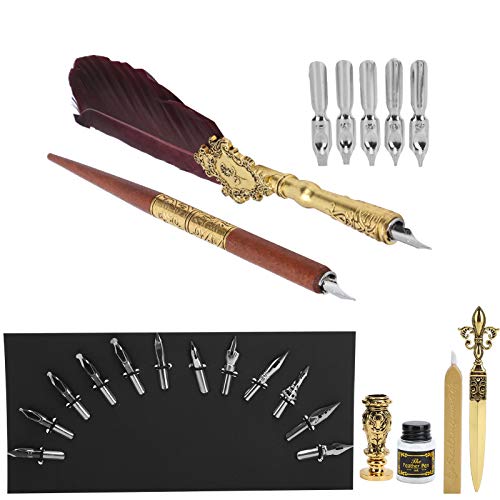 Fdit Vintage Feather Pen Kit Elegante Kalligraphie Schreiben Quills Dip -Set mit Metallstempel für Kunstliebhaber, Paare (SP248006R weinrot) von Fdit
