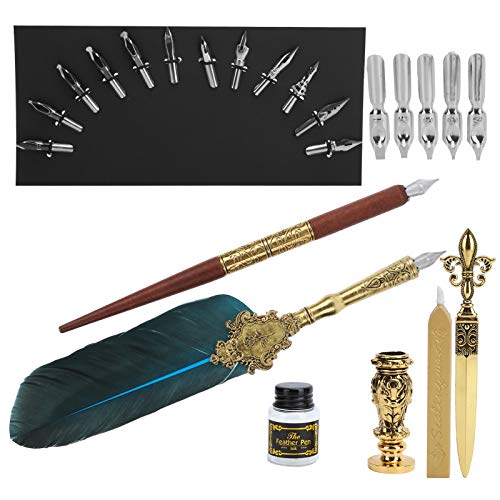 Fdit Vintage Feather Pen Kit Elegante Kalligraphie Schreiben Quills Dip -Set mit Metallstempel für Kunstliebhaber, Paare (SP248011R Seeblau) von Fdit