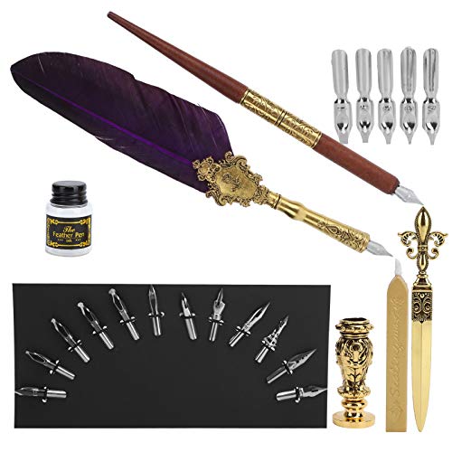 Fdit Vintage Feather Pen Kit Elegante Kalligraphie Schreiben Quills Dip -Set mit Metallstempel für Kunstliebhaber, Paare (SP248014R Lila) von Fdit
