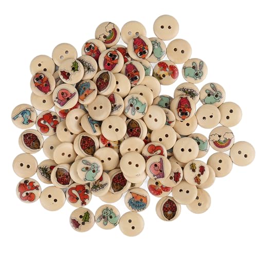 Gemischte Hölzerne Knöpfe Schöne 2 Löcher Dekorative Runde Knöpfe für DIY -, Packung von 100 Pcs (Baumstamm, Farbe, Karikatur, Wald, Animals) von Fdit