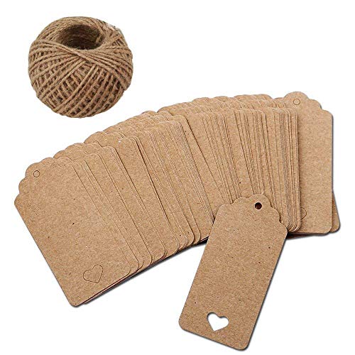 Febbya Geschenk Anhänger, kraftpapier Etiketten Tags 100 Stück Hängeetiketten mit Herz und Jute-Schnur 10 Meter für Gepäck Hochzeit Geschenk Preis-Etiketten und DIY-Tags (Braun) von Febbya