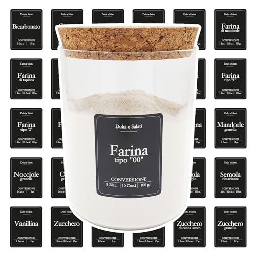 Febio Klebeetiketten für Süß- und Salzgläser, schwarz, in italienischer Sprache, wasserdicht, waschbar, mit Umrechnungstabelle / Etiketten für Küche, Salzgläser, Zucker, Kaffee, Behälter für Salz von Febio