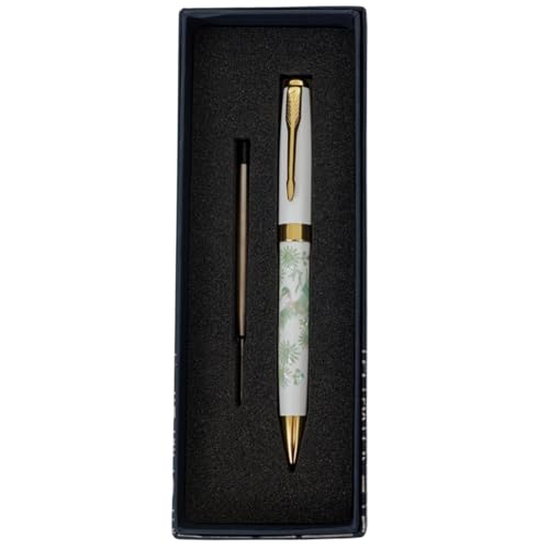 February Mountain Perlmutt-Kugelschreiber, einziehbarer Kugelschreiber, für Geschenk, Business, Büro, 1,0 mm mittlere Spitze, schwarze Tinte, Extras austauschbare Metallminen von February Mountain
