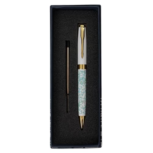 February Mountain Perlmutt-Kugelschreiber, einziehbarer Kugelschreiber, für Geschenk, Business, Büro, 1,0 mm mittlere Spitze, schwarze Tinte, Extras austauschbare Metallminen von February Mountain
