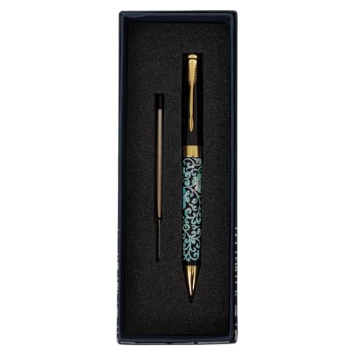 February Mountain Perlmutt-Kugelschreiber, einziehbarer Kugelschreiber, für Geschenk, Business, Büro, 1,0 mm mittlere Spitze, schwarze Tinte, Extras austauschbare Metallminen von February Mountain