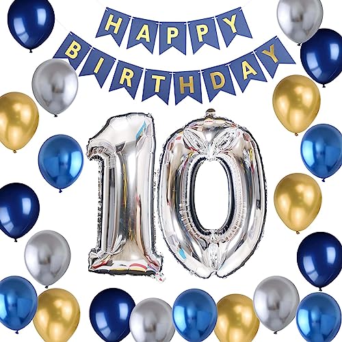 10. Geburtstag Dekoration Junge, Geburtstagsdeko Jungen 10 Jahre, 10 Ballon Metallic Silber Blau Gold Deko, Luftballon 10. Geburtstag Party Deko Junge, 10 Geburtstag Deko(10.) von Fechy