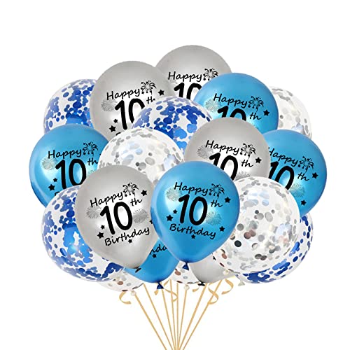 10. Geburtstag Luftballons, 20 Stück Blau Silber Happy 10. Geburtstag Latex Konfetti Ballon Bänder zum 10 Jahre Geburtstag Deko Jungen(10.) von Fechy