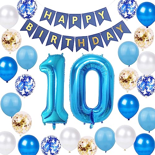 10.Geburtstag Dekoration Junge, Blau Gold Happy Birthday Ballon Nummer 10. Ballon Blau 10. Geburtstag Latex Konfetti Ballon für 10 Jahre Jungen Geburtstagsdeko (10.) von Fechy