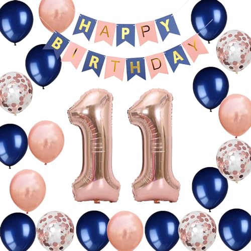 11 Geburtstag Party Dekorationen Marineblau Roségold für Mädchen Jungen, Geburtstagsbanner Nummer 11 Folienballons Latex Konfetti Ballon für Sie Ihn Tochter Sohn 11 Jahre alt Geburtstagsbedarf (11th) von Fechy